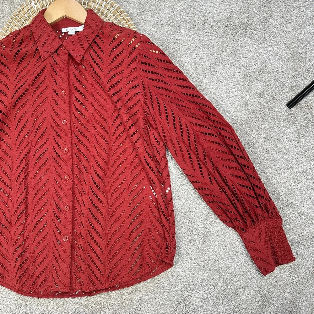 Chico's Red/Rust Eyelet Point-Collar Button-Down - Picture 7 of 15